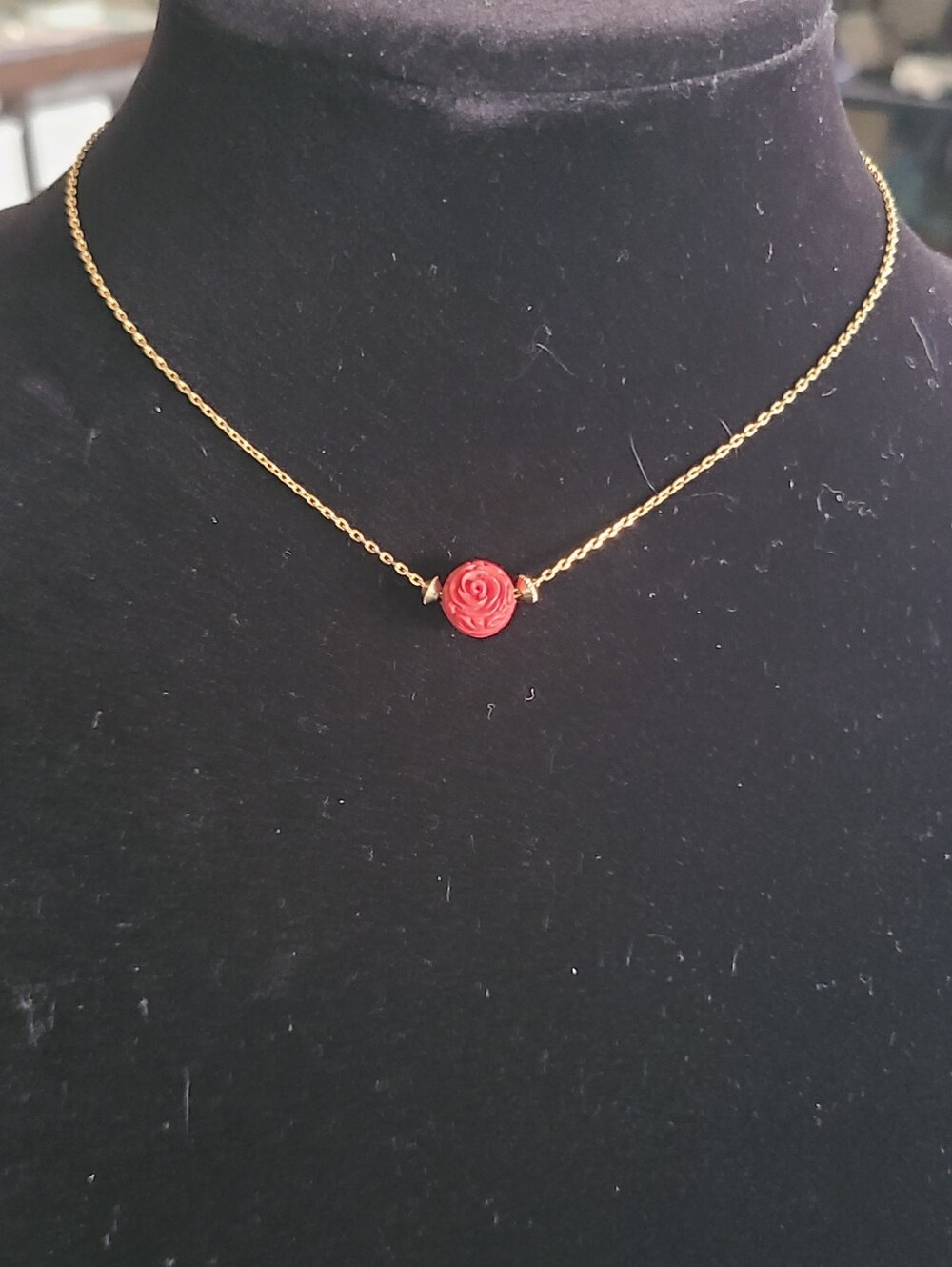 Gold Chain Necklace with Red Rose Pendant
